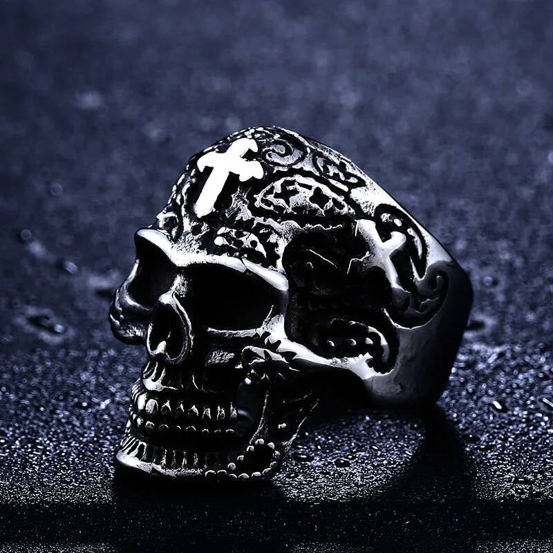 Engraved Skull Cross Ring – Gothic Stainless Steel Biker Jewelry