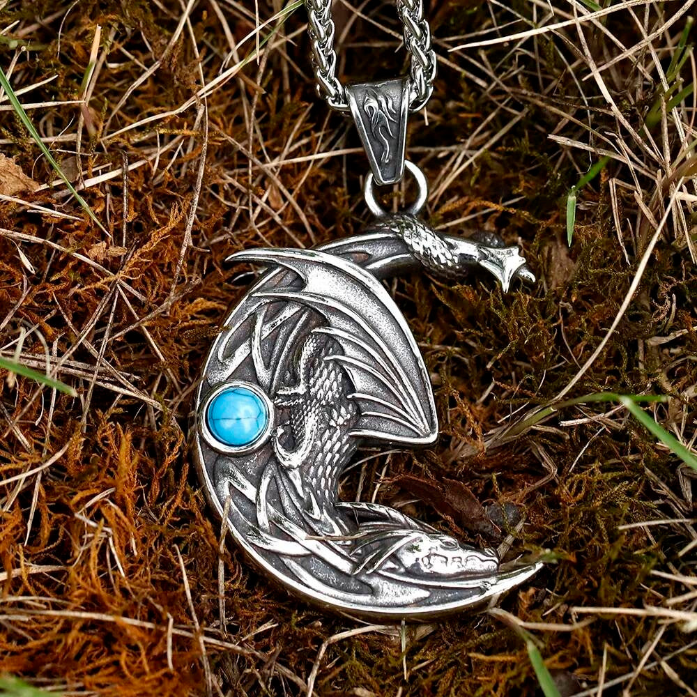 Men's 316L Stainless Steel Winged Dragon Moon Pendant Necklace