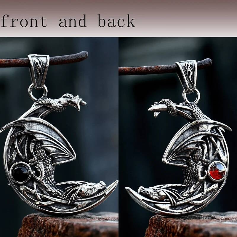 Men's 316L Stainless Steel Winged Dragon Moon Pendant Necklace 04