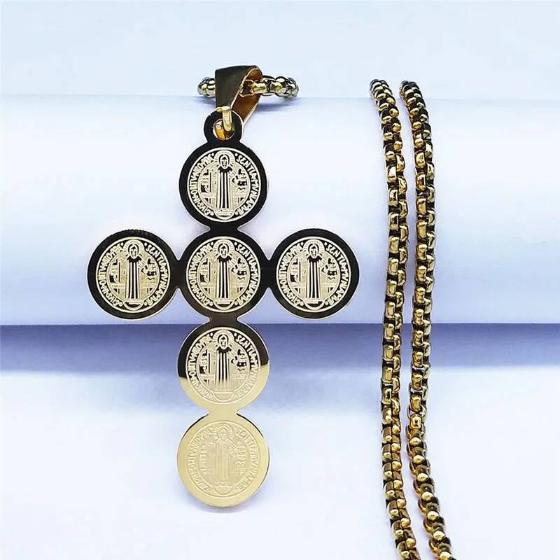 316L Stainless Steel Saint Benedict Cross Necklace Chain Pendant For Men Jewelry