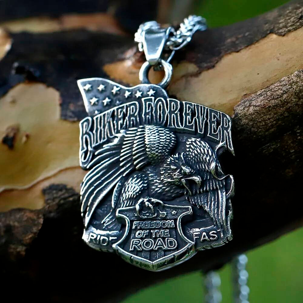 Biker Forever Pendant Necklace – Stainless Steel Eagle & Freedom Emblem