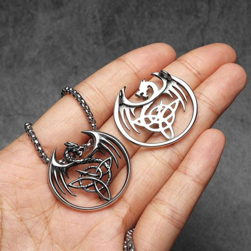 Dragon Trinity Knot Pendant – Celtic Viking Necklace in Stainless Steel