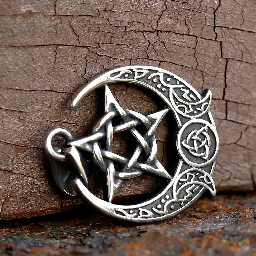 Celtic Moon Pentagram Pendant Necklace – Stainless Steel Wiccan Amulet
