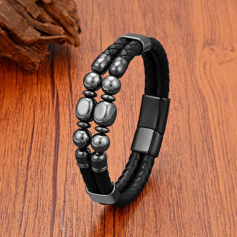 Black Braided Leather Bracelet with Green Jade Beads - Stylish Multi-Layer Magnetic Clasp Jewelry for Casual Wear and Gifts Hematite-A
