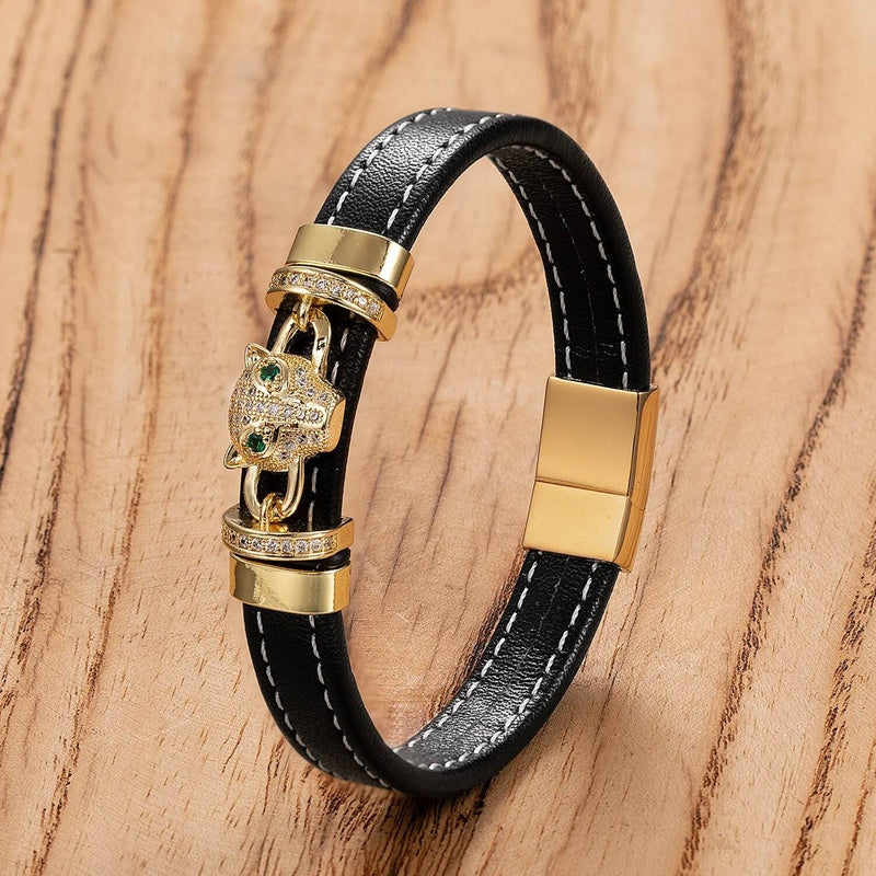 Black Braided Leather Bracelet with Green Jade Beads - Stylish Multi-Layer Magnetic Clasp Jewelry for Casual Wear and Gifts Gold-B