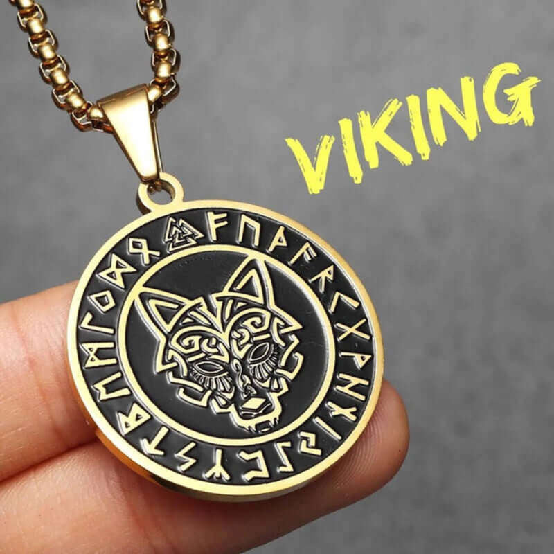 Men’s Viking Wolf Head Rune Pendant Necklace – 316L Stainless Steel Norse Amulet N1501-60cm chain-G