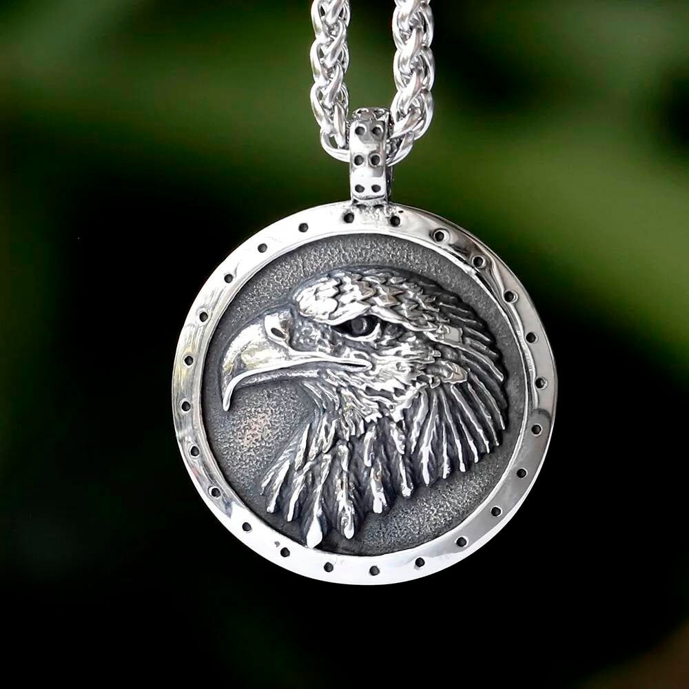 Men's 316L Stainless Steel Biker Eagle Pendant Necklace with Metal Pearl Chain Rugged Animal Jewelry