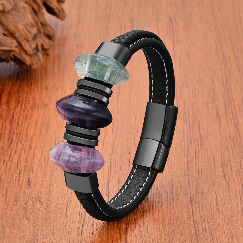 Black Braided Leather Bracelet with Green Jade Beads - Stylish Multi-Layer Magnetic Clasp Jewelry for Casual Wear and Gifts Fluorite