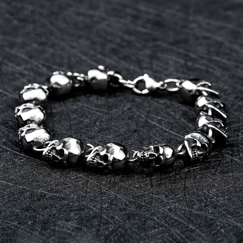 Men’s Gothic Skull Chain Bracelet – Heavy 316L Stainless Steel Punk Biker Jewelry, Rocker Style Link Bracelet