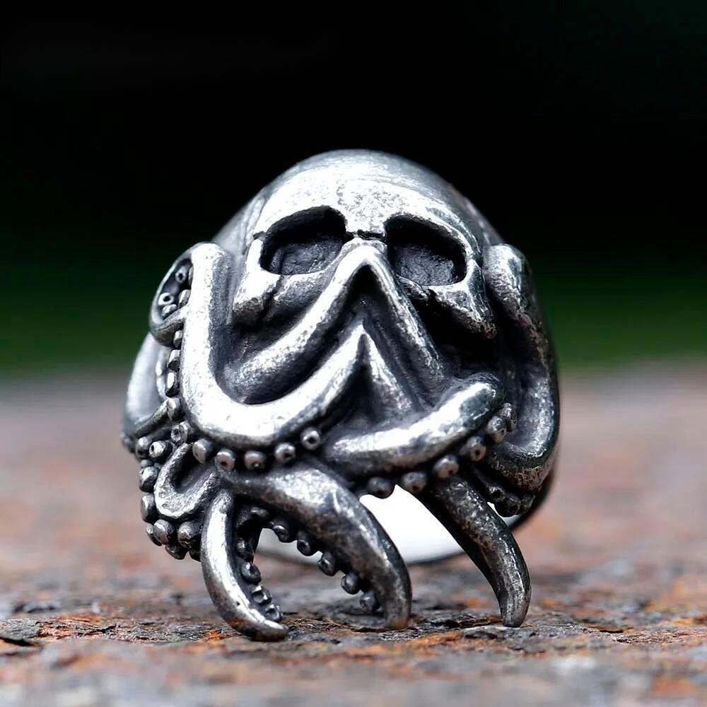 Goth Octopus Skull Ring - Stainless Steel Nautical Biker Jewelry for Men