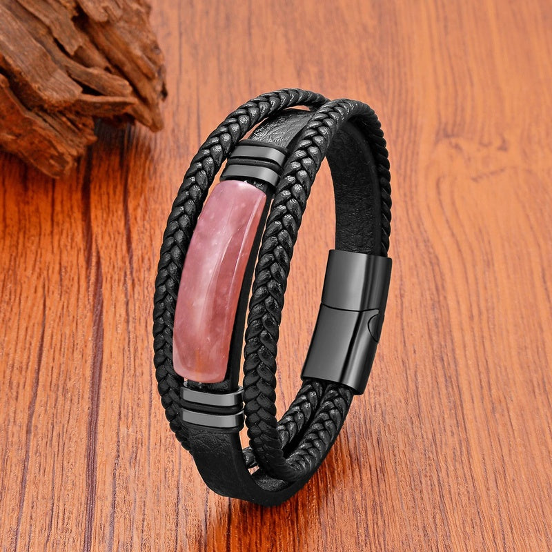 Black Braided Leather Bracelet with Green Jade Beads - Stylish Multi-Layer Magnetic Clasp Jewelry for Casual Wear and Gifts Style C