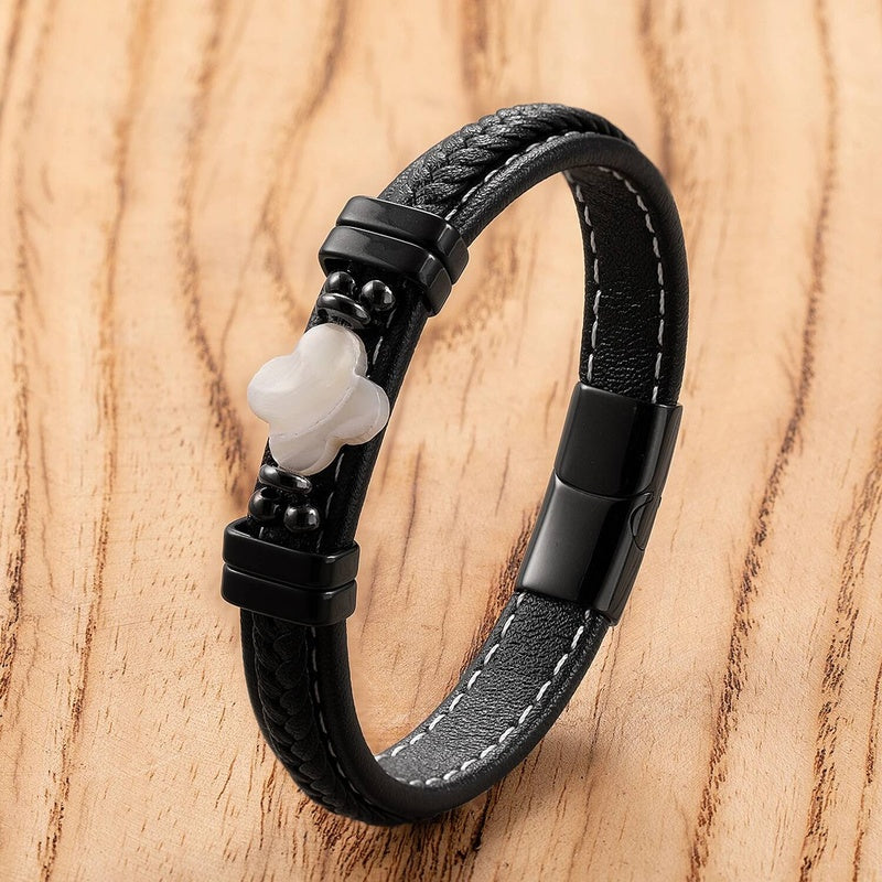 Black Braided Leather Bracelet with Green Jade Beads - Stylish Multi-Layer Magnetic Clasp Jewelry for Casual Wear and Gifts Style-C