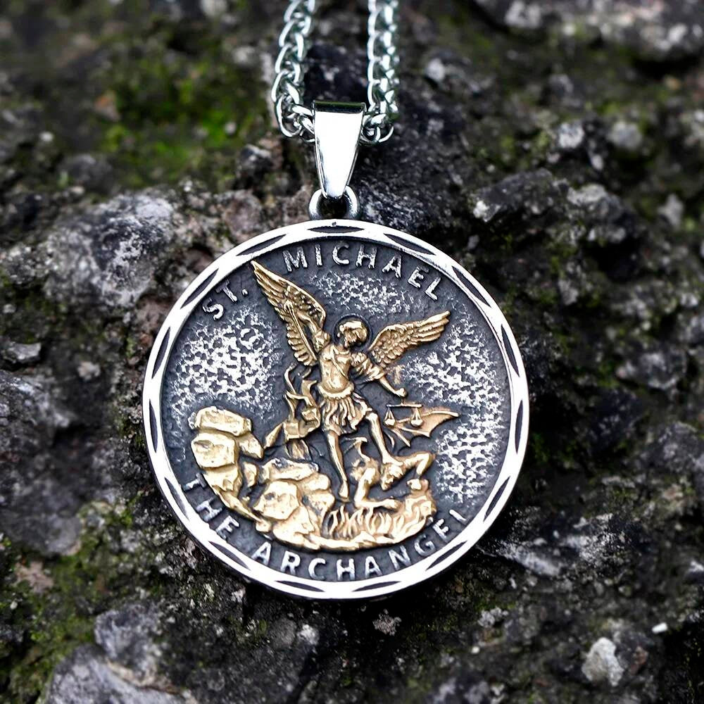 Men's 316L Stainless Steel Archangel Shield Pendant Necklace