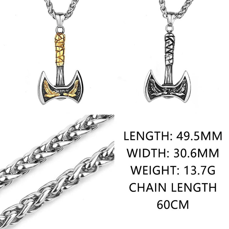 Viking Double-Headed Axe Pendant – Golden Raven Design Stainless Steel Necklace