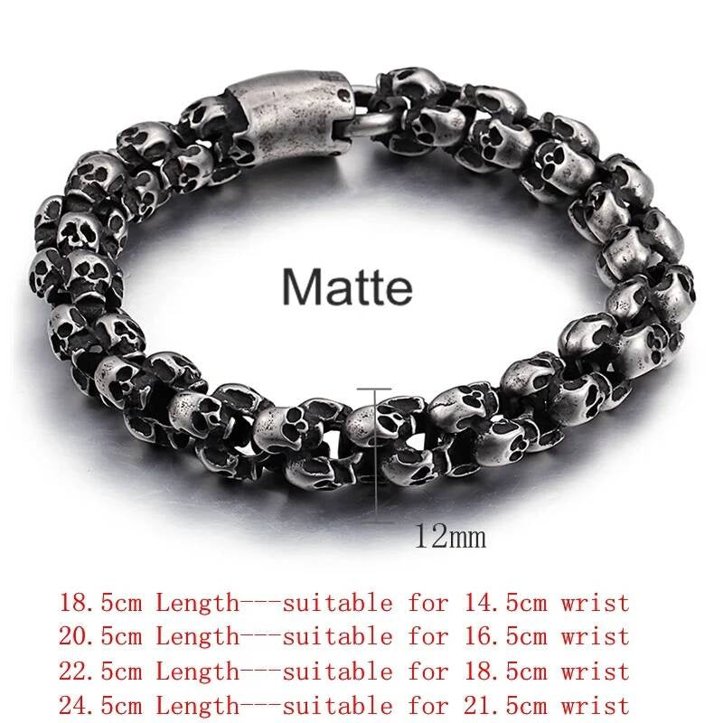 12/15mm Evil Ghost Head Skull Chain Bracelet Men 316L Stainless Steel Punk Shiny Matte Biker Rock Demon Jewelry 12mm Width Matte