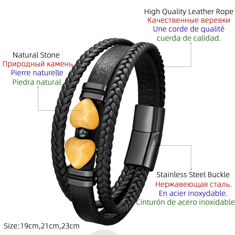 Black Braided Leather Bracelet with Green Jade Beads - Stylish Multi-Layer Magnetic Clasp Jewelry for Casual Wear and Gifts