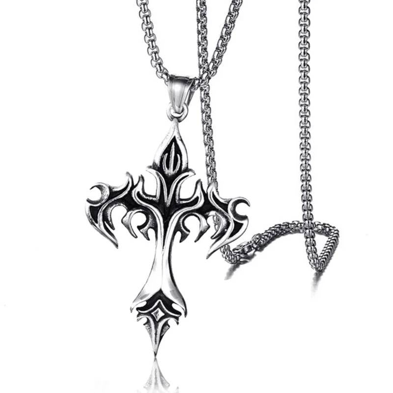 Vintage Flame Cross Pendant 60Cm Length Chain Necklace For Men Women Goth Jewelry Accessories