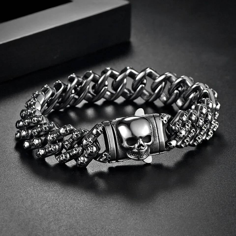 Black Skull Bracelet for Men Gothic Punk Rock Heavy Metal Chain Jewelry 316L Stainless Steel Biker Style