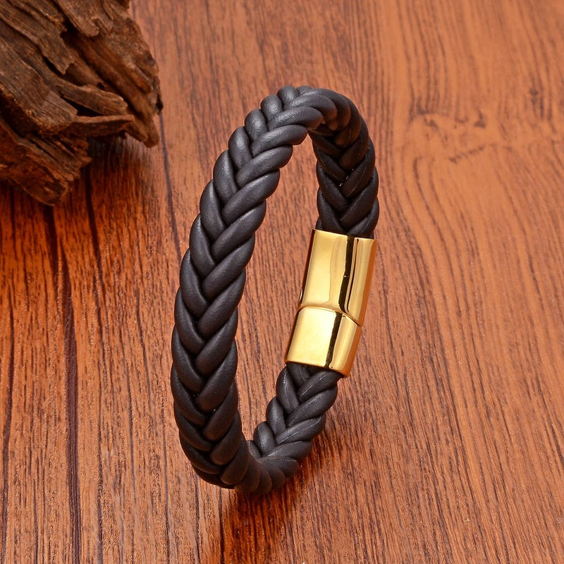 Black Braided Leather Bracelet with Green Jade Beads - Stylish Multi-Layer Magnetic Clasp Jewelry for Casual Wear and Gifts Brown Leather-Gold