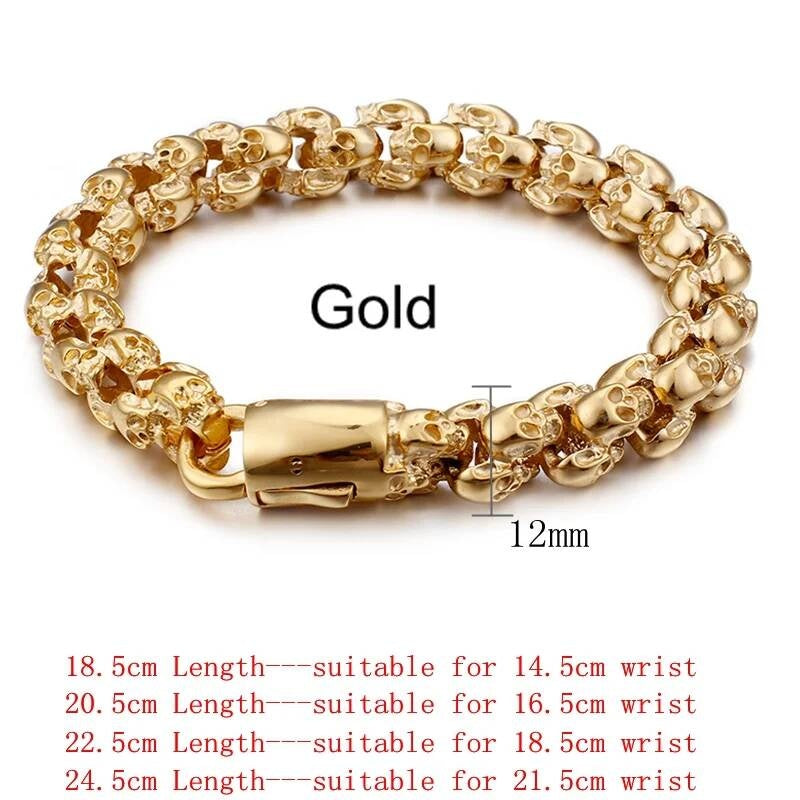 12/15mm Evil Ghost Head Skull Chain Bracelet Men 316L Stainless Steel Punk Shiny Matte Biker Rock Demon Jewelry 12mm Width Gold