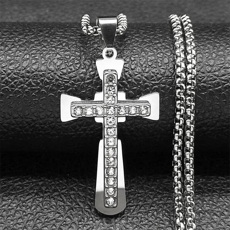Stainless Steel Zircon Cross Necklace Pendant For Men Women Jewelry Accessories Silver Cross(363511)