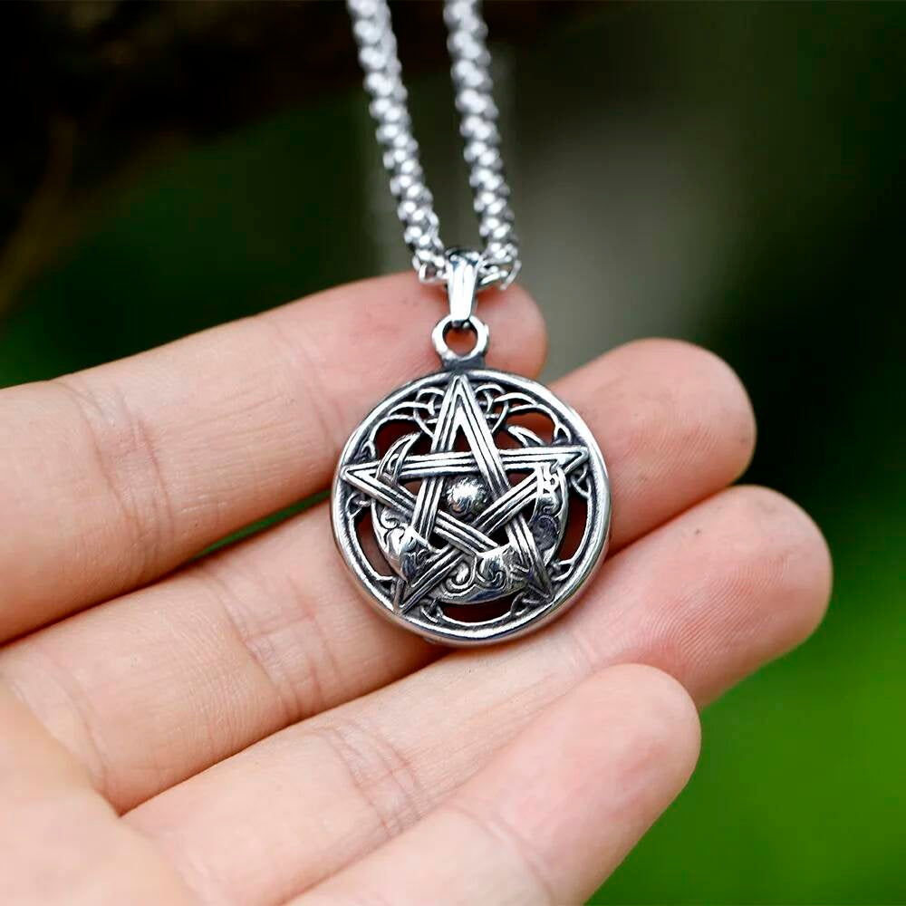 Celtic Pentagram Pendant Necklace - Silver Stainless Steel Wicca Jewelry with Intricate Design