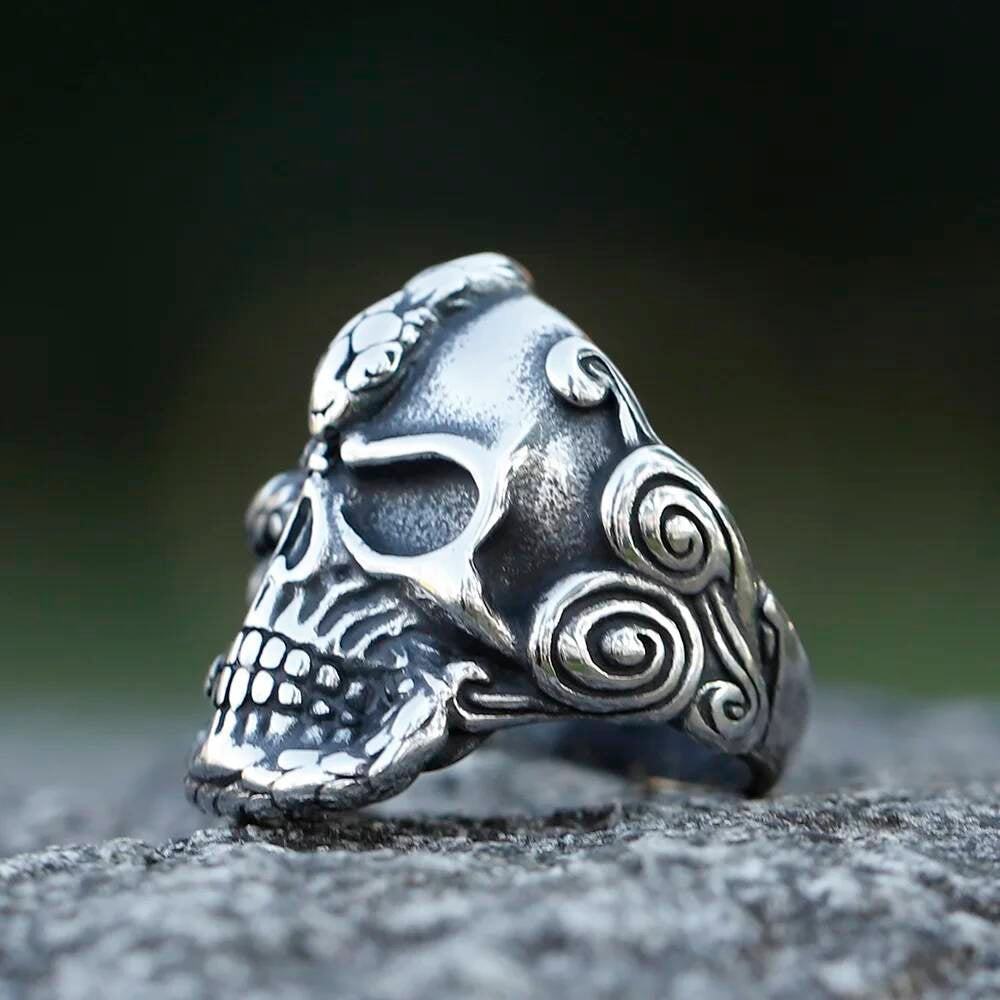 Caarium Skull & Snake Ring - Gothic Stainless Steel Biker Jewelry Gift