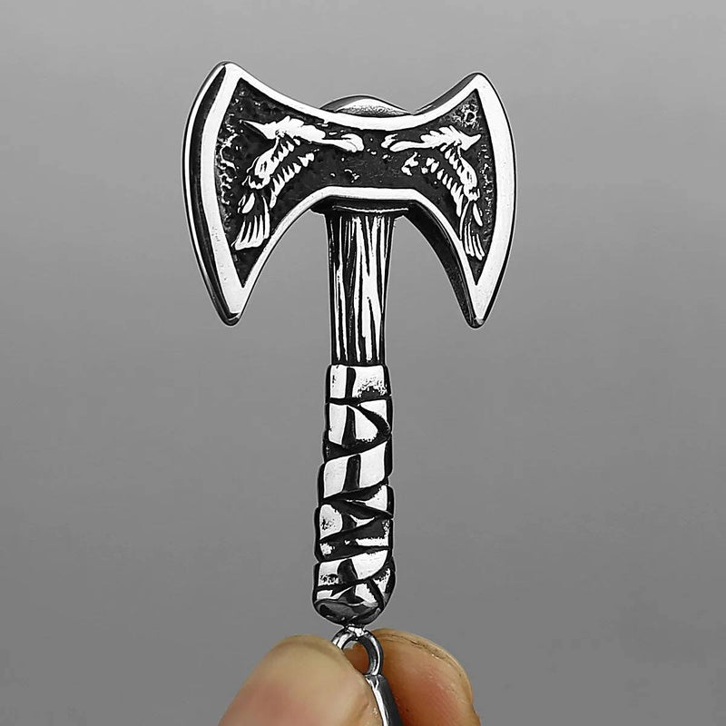 Viking Double-Headed Axe Pendant – Golden Raven Design Stainless Steel Necklace Silver 60cm