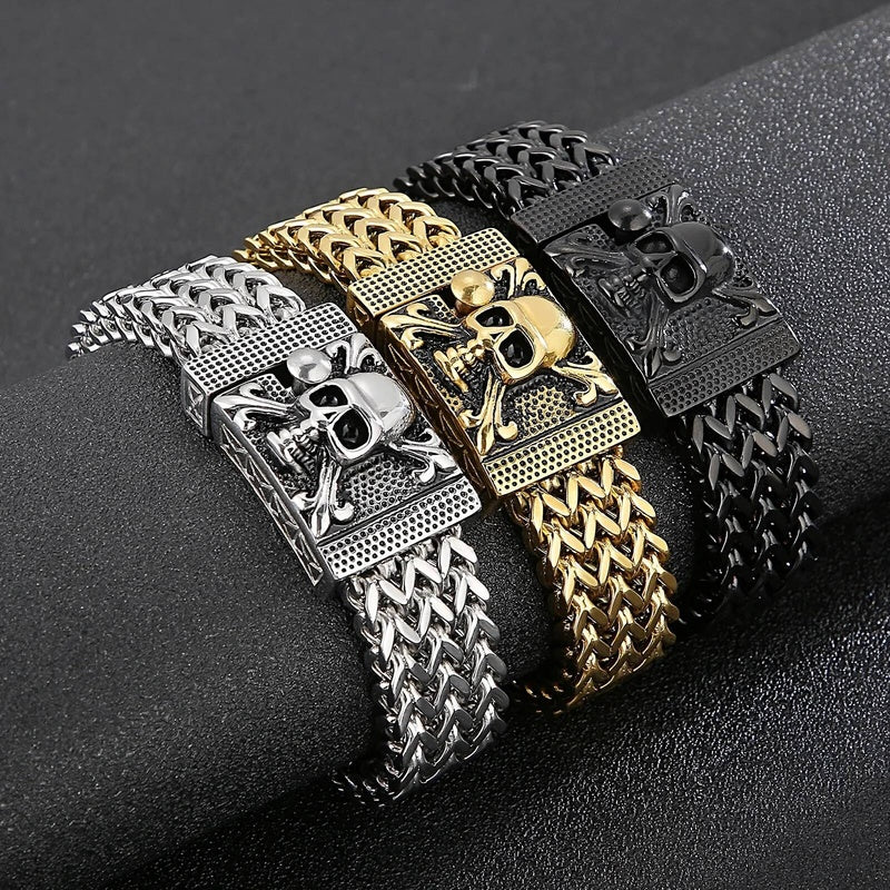 17mm Heavy Mesh Chain Bracelet Men With Devil Ghost Skull Charm Vintage Jewelry Surprise Gift For Husband