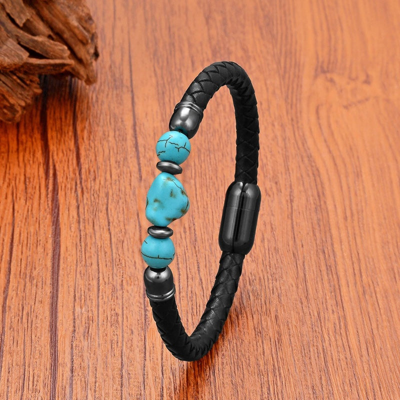 Trendy Turquoise Beaded Bracelet Classic Woven Leather Rope Mens Bracelets Stainless Steel Magnetic Buckle Handmade Jewelry Style-B