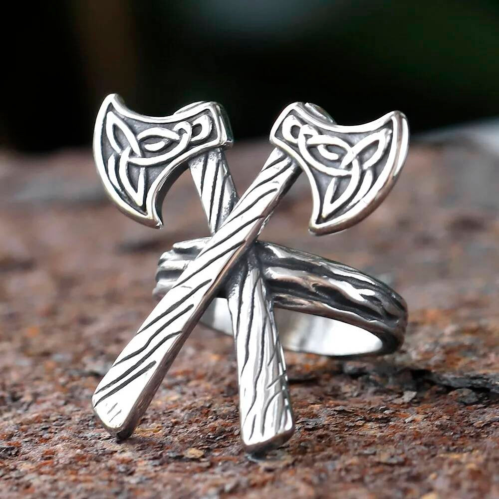Celtic Wolf Axe Ring – 316L Stainless Steel Norse Amulet Band