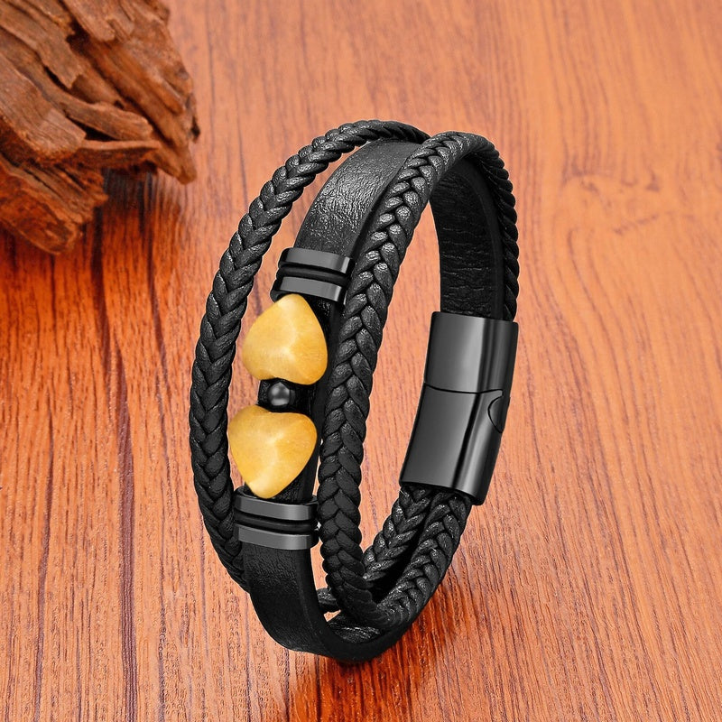 Black Braided Leather Bracelet with Green Jade Beads - Stylish Multi-Layer Magnetic Clasp Jewelry for Casual Wear and Gifts Topaz