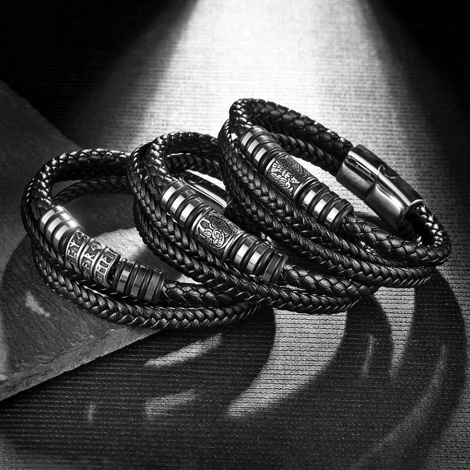 Mens Braided Leather Bracelet – Multi-Layer Stainless Steel Norse Viking Bangle