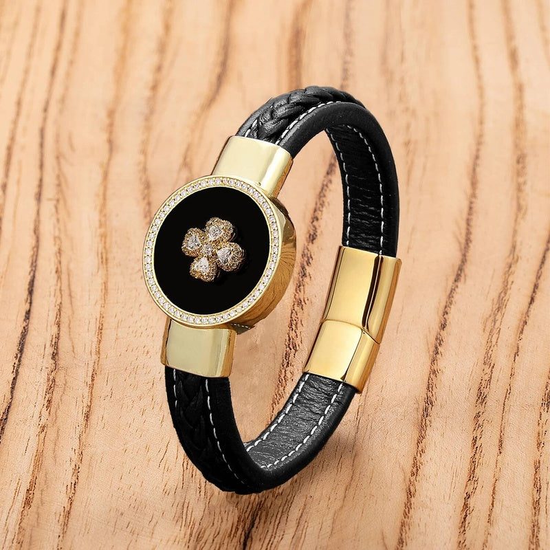 Black Braided Leather Bracelet with Green Jade Beads - Stylish Multi-Layer Magnetic Clasp Jewelry for Casual Wear and Gifts Gold-A
