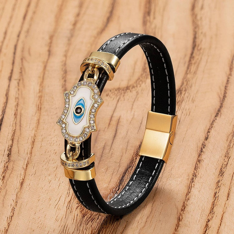 Woven Leather Turkish Blue Evil Eye Zircon Bracelet Punk Stainless Steel Jewelry Fashion Charm Valentines Day Gift Gold-H