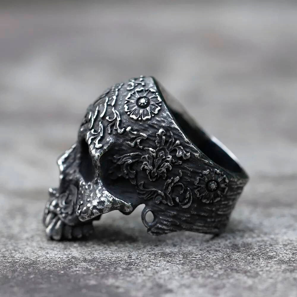 Flower Skull Horned Devil Ring - Gothic Stainless Steel Teen Jewelry