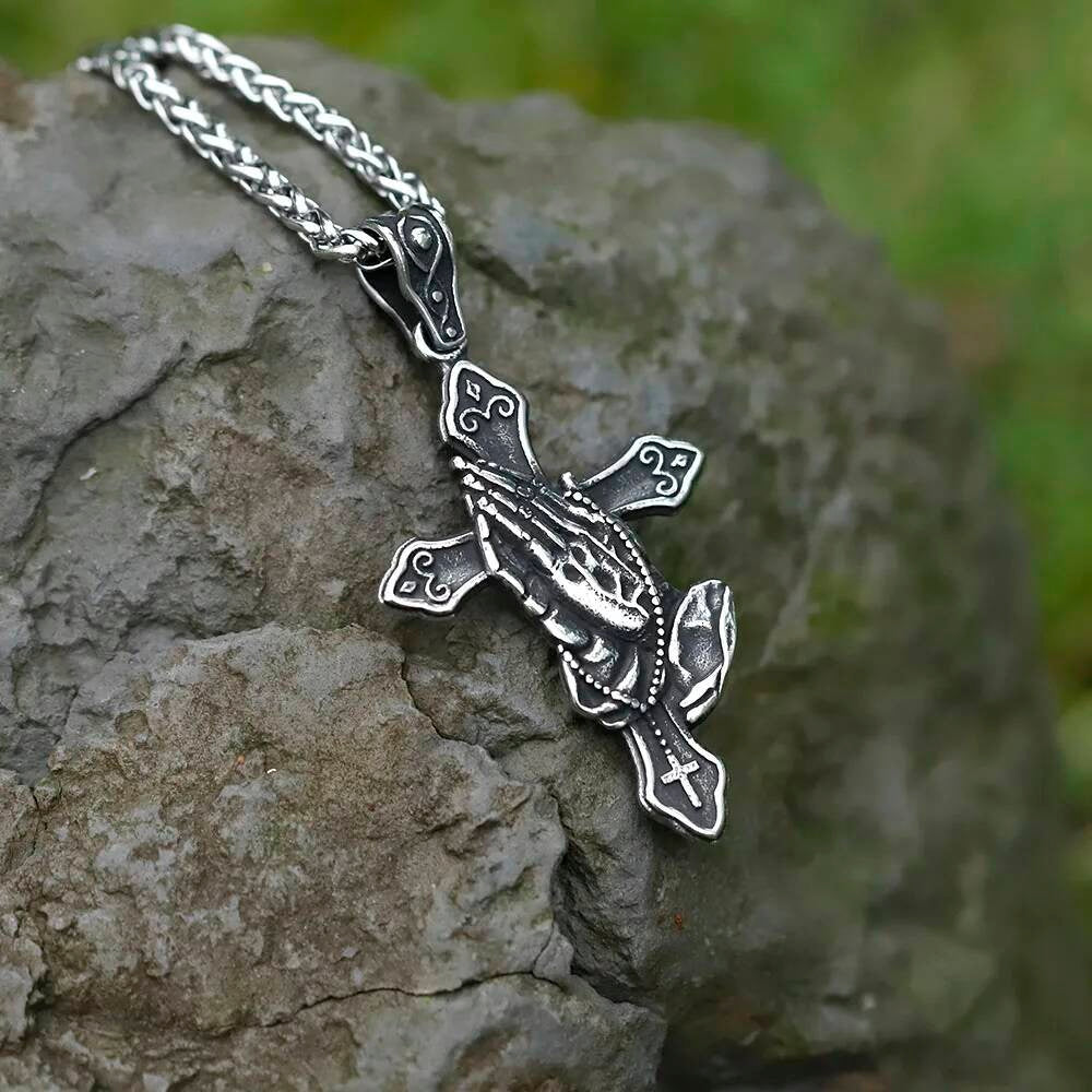 Praying Hands Cross Pendant – Stainless Steel Religious Necklace