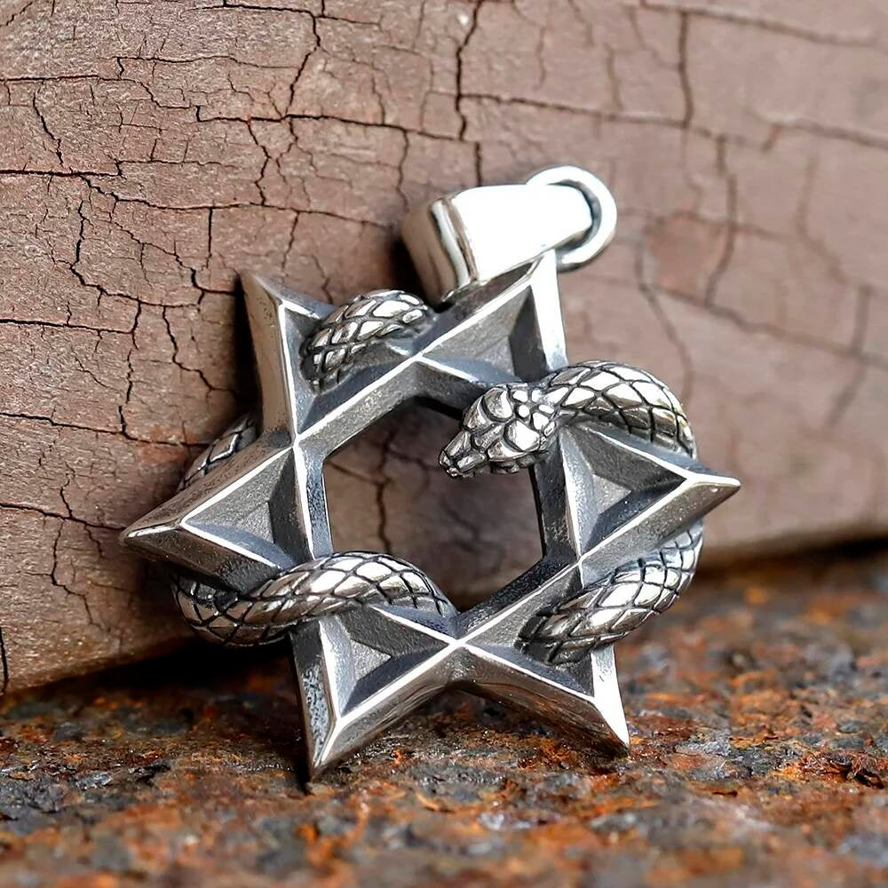 Hexagram Snake Pendant – Stainless Steel Occult Star Necklace