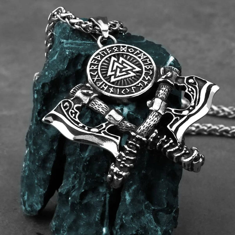 Viking Double Axe & Valknut Rune Necklace – Norse Warrior Stainless Steel Pendant