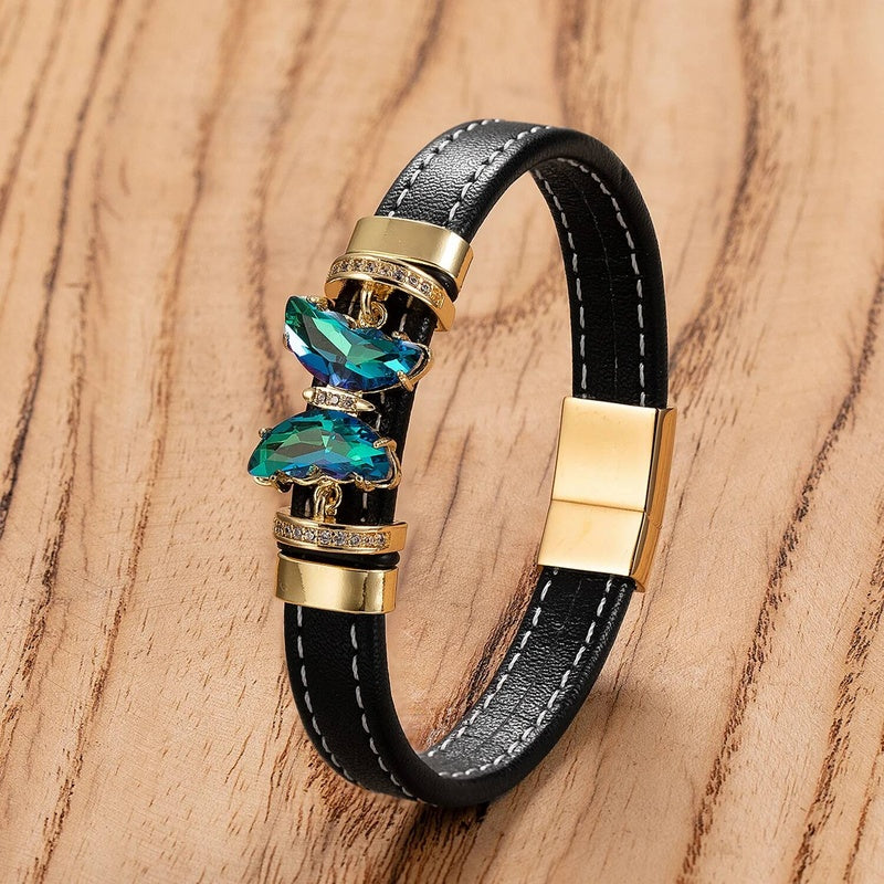 Men's Black Leather Gold Bow Accent Bracelet for Special Occasions Style-D