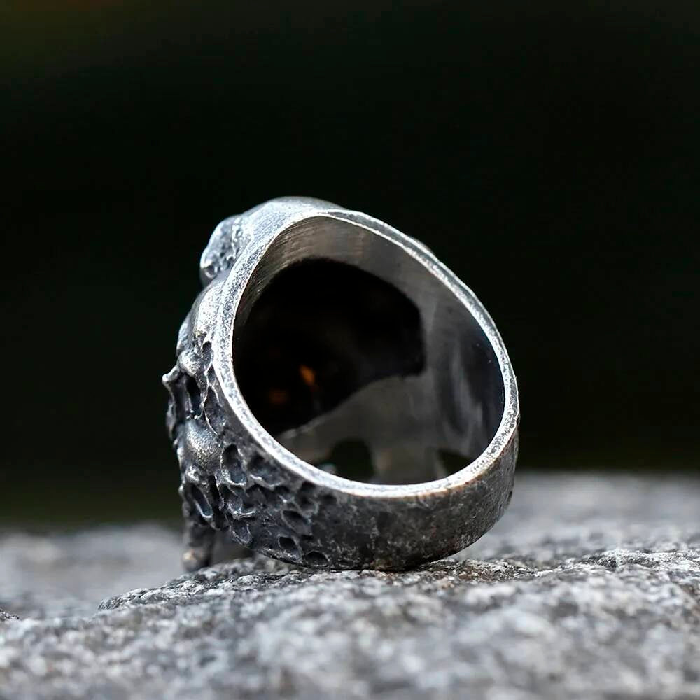 Double Skull Horn Ring - Heavy Stainless Steel Gothic Demon Jewelry