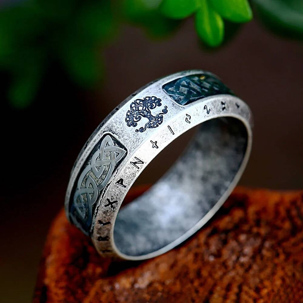 Vintage Viking Tree of Life Ring – 316L Stainless Steel Nordic–Celtic Amulet Style B