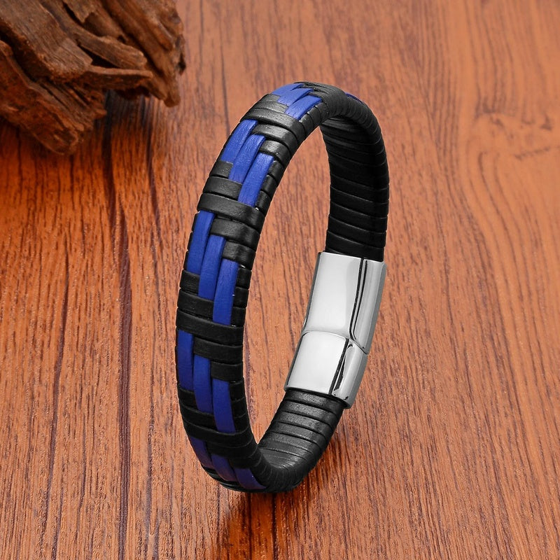 Black Braided Leather Bracelet with Green Jade Beads - Stylish Multi-Layer Magnetic Clasp Jewelry for Casual Wear and Gifts Blue(7044d1)