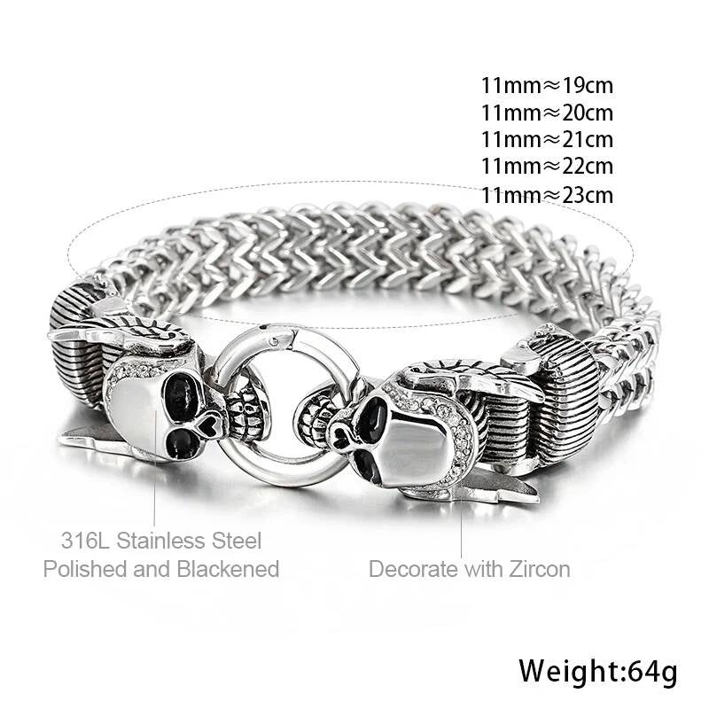 Stainless Steel 316L Hiphop Rock Cubic Zirconia Demon Skull Bracelet Men Mesh Chain Jewelry Accessories