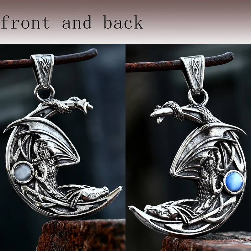Men's 316L Stainless Steel Winged Dragon Moon Pendant Necklace 03