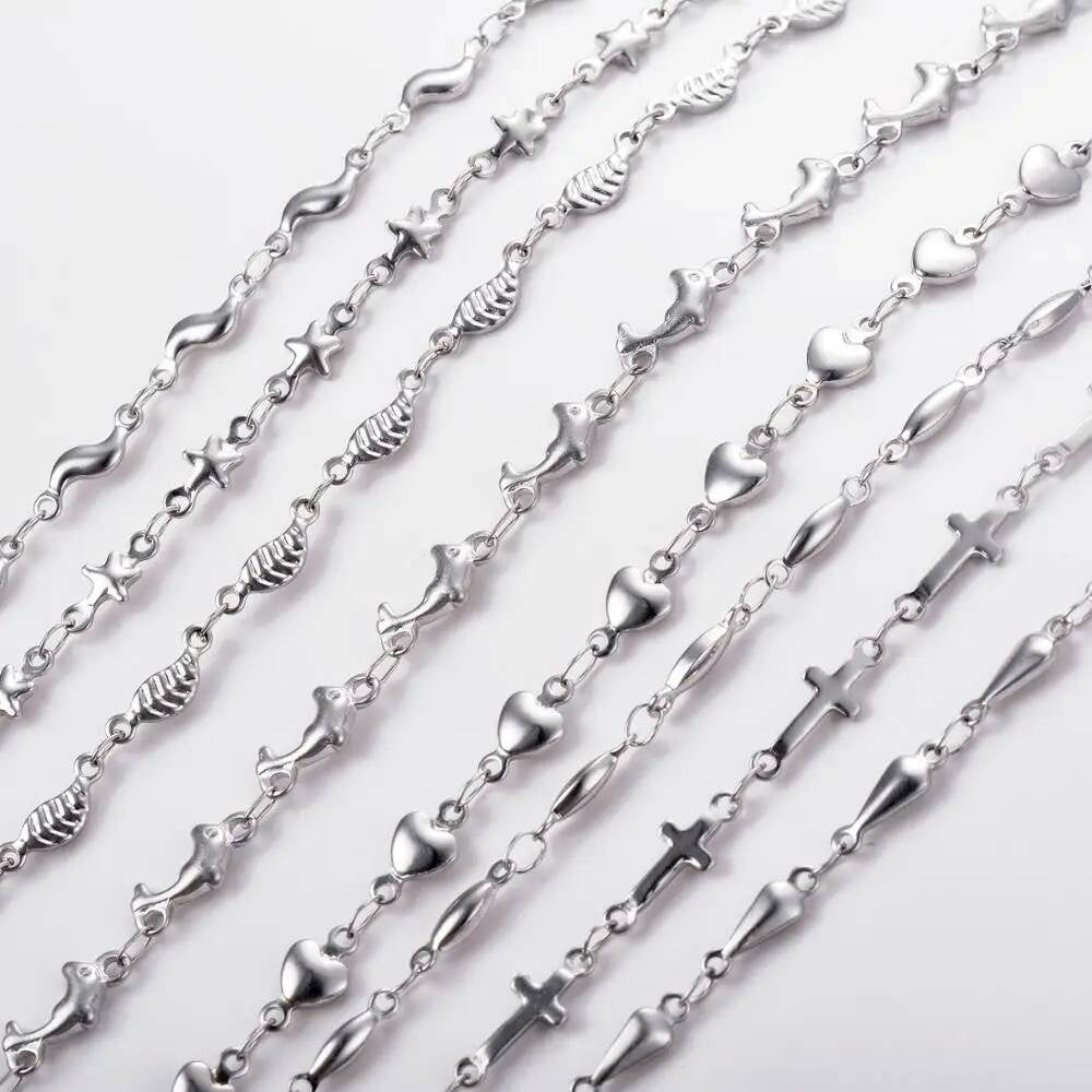 1Pc Length 18cm-100cm Stainless Steel Long Hand-made Chain Necklaces For Women Sier Color Heart Necklace Ladies Jewelry