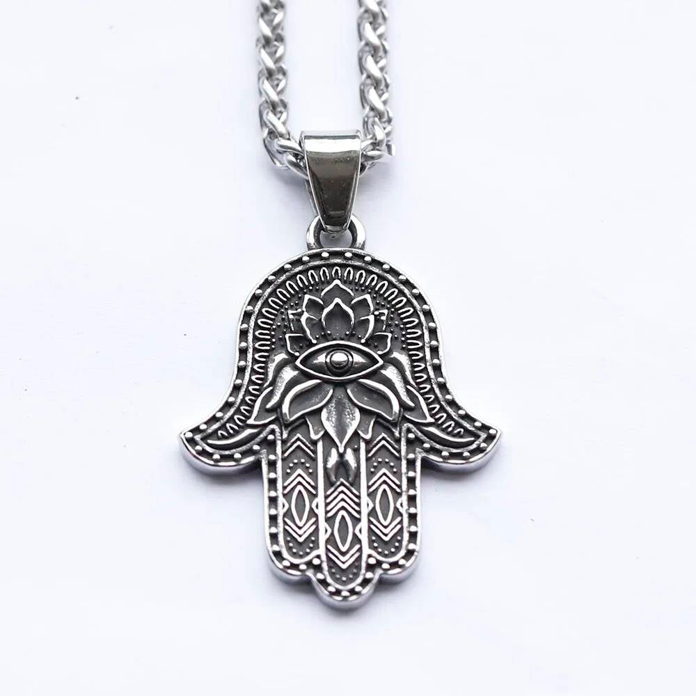 Hamsa Pendant with Evil Eye – Stainless Steel Protection Necklace for Good Luck and Spiritual Healing