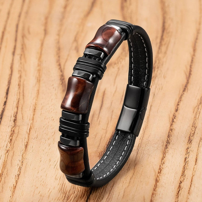Black Braided Leather Bracelet with Green Jade Beads - Stylish Multi-Layer Magnetic Clasp Jewelry for Casual Wear and Gifts Style-E