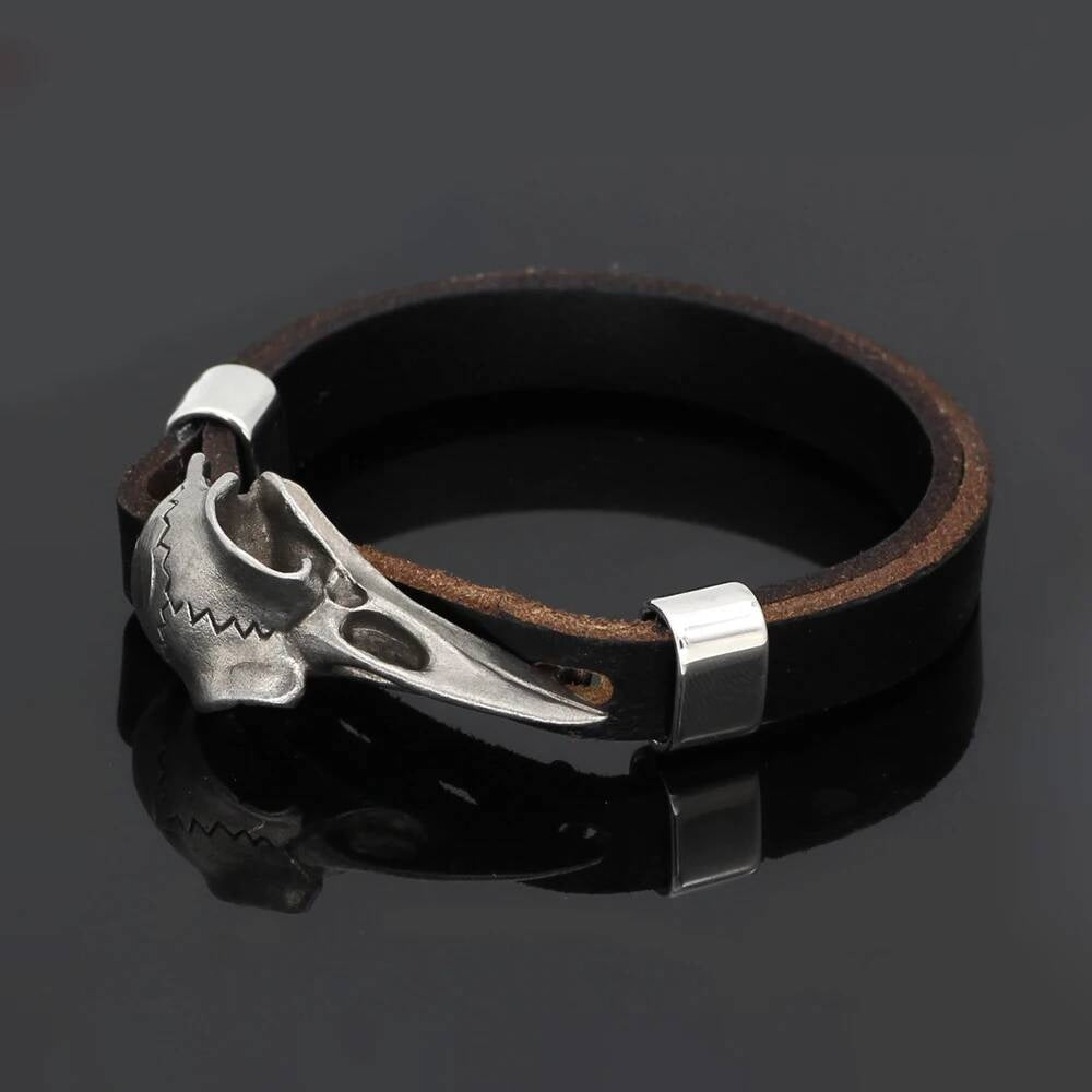 Gothic Raven Skull Bracelet – Leather Strap with Stainless Steel Crow Head