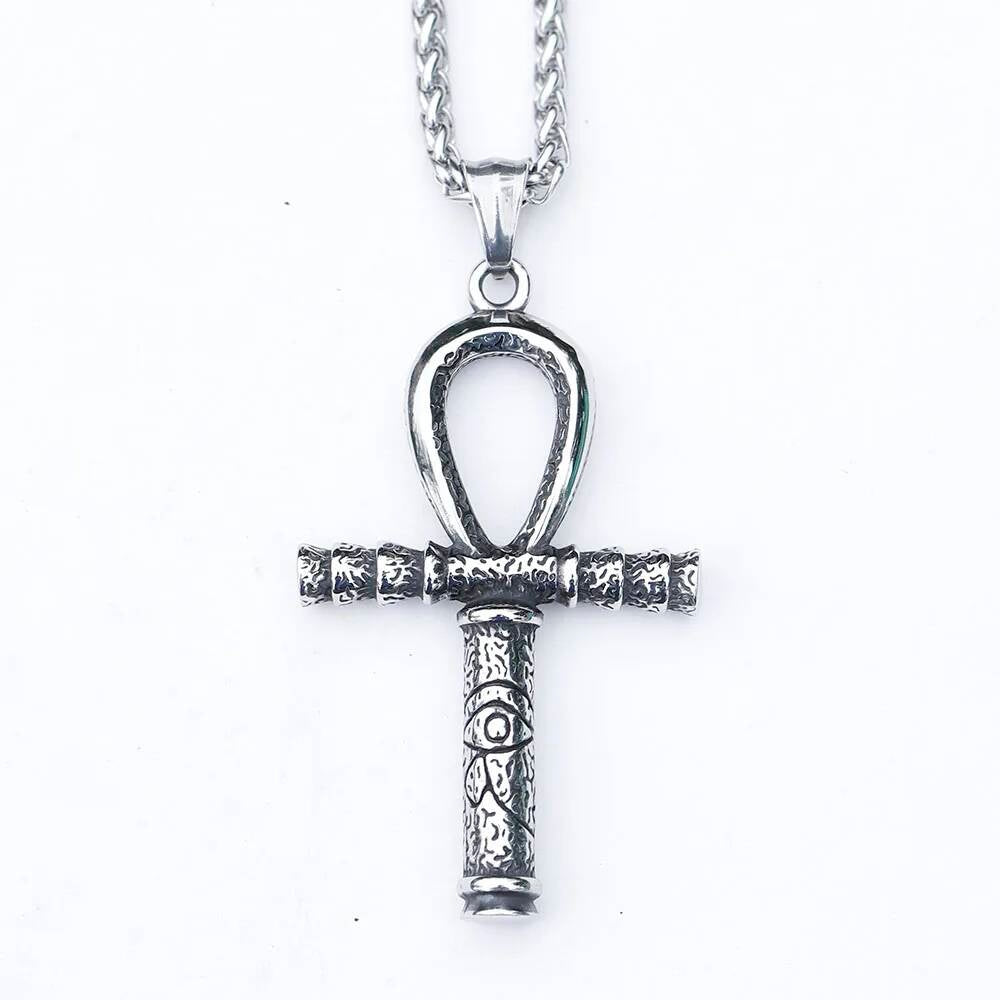 Egyptian Ankh Pendant Necklace - Stainless Steel Ankh Cross with Eye of Horus Symbol